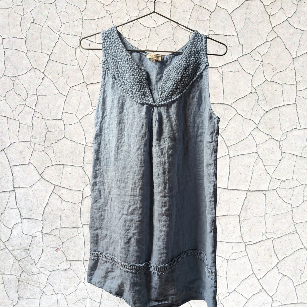 Sleeveless Linen Mini Dress with Crochet Yoke - Blue